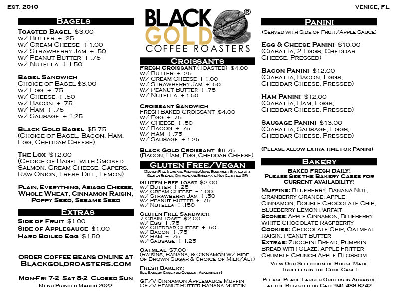 Black Gold Coffee Roasters Food Menu March 2022 Venice, Florida