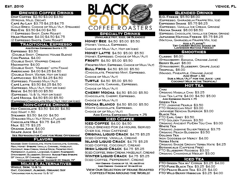 Black Gold Coffee Roasters Drink Menu March 2022 Venice, Florida